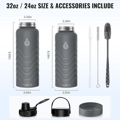 24 oz Insulated Water Bottle - Gray Water Bottle with Straw (Straw Lid & Spout Lid) & Silicone Handle & Boot - Wide Mouth Stainless Steel Water Bottles - BPA Free - (Gray, 750ml)