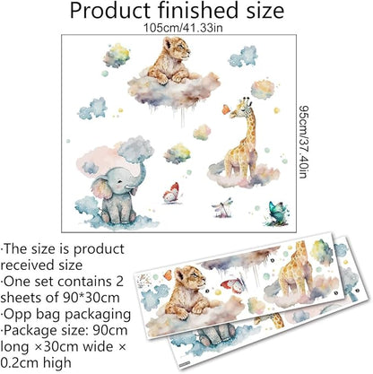Watercolor Animals Wall Decals Elephant Lion Giraffe Wall Stickers Colorful Butterfly Clouds for Baby Boy Girl Room Decor Decals Peel and Stick Airplanes Kids Wall Stickers Nursery Decor