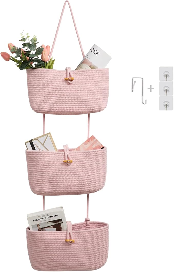 TeoKJ Over the Door Hanging Baskets with Button Strap, 3-Tier Woven Cotton Storage Organizer Bag, Wall-Mounted with Hook Decorative Hanging Nursery Baskets - Pink