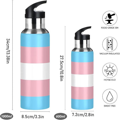 20 OZ Transgender Pride Flag Sports Water Bottle,Double Wall Vacuum Insulated Stainless Steel Pride Water Bottle with Straw Keeps Hot and Cold,Bike Running Travel Gym, Pride Month Day Gifts