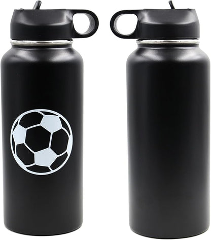 32 oz Soccer Water Bottle, Wide Mouth Travel Sports Flask with 2 Lids（Straw Lid+Flex Cap）BPA Free 18/8 Stainless Steel Double Wall Vacuum Insulated Water Bottles (32oz, Soccer)