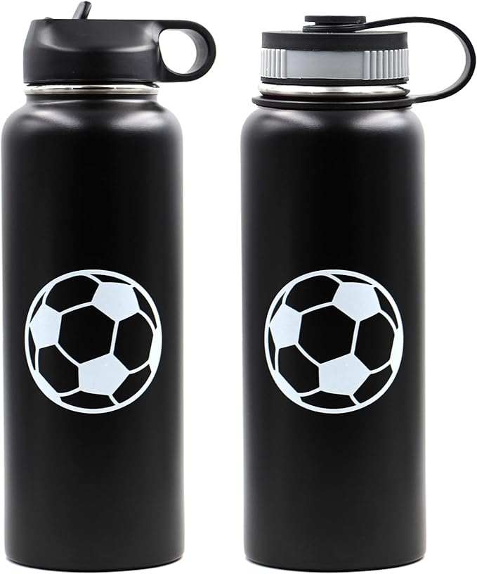 40 oz Soccer Water Bottle, Wide Mouth Travel Sports Flask with 2 Lids（Straw Lid+Flex Cap）BPA Free 18/8 Stainless Steel Double Wall Vacuum Insulated Water Bottles (40oz, Soccer)