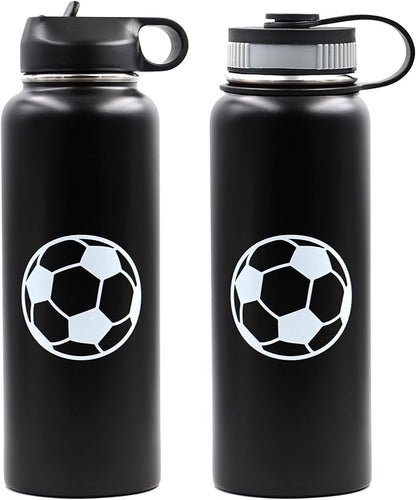 40 oz Soccer Water Bottle, Wide Mouth Travel Sports Flask with 2 Lids（Straw Lid+Flex Cap）BPA Free 18/8 Stainless Steel Double Wall Vacuum Insulated Water Bottles (40oz, Soccer)