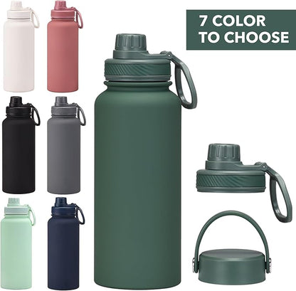Dark Green 32 OZ Insulated Water Bottle, Forest Green Large Metal Insulated Stainless Steel Water Flask, Big Sports Travel Water Bottle with 2 Lids, Insulated Thermos Thermal Mug Cup