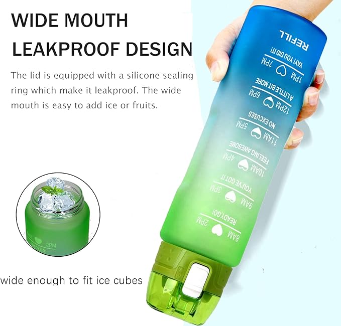 XACIOA Water Bottle with Straw,32oz Plastic Cup with Motivational Time Marker,1L Tritan Sport Lightweight Leakproof BPA-Free,Wide Mouth Fast Flow Ensure You Have Times to Drink,with Straw & Cup Brush