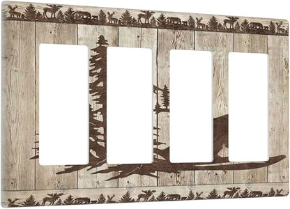 Rustic Wood Bear Forest 4 Gang Rocker Decora Light Switch Cover Vintage Antique Cabin Decorative Outlet Covers Wall Plate Electrical Faceplate Switchplate GFCI for Farmhouse Bathroom Bedroom Decor