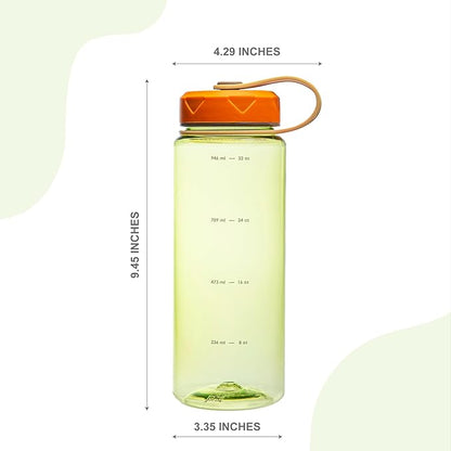 bzyoo HydroPop 36oz Water Bottle w/Strap - Leak-Proof, Hydration Intake Tracking Measurement, Wide Mouth for Ice. Perfect for Gym, Travel, Outdoor - Color Green