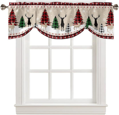Farmhouse Christmas Blackout Tie Up Valance Curtains for Kitchen Windows Rustic Plaid Christmas Tree Snowflakes Window Toppers Balloon Shades for Living Room/Bathroom/Bedroom,54" X 18" Red Green Black