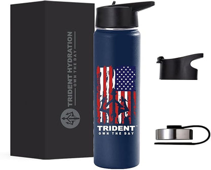 American Flag Water Bottle, 21 oz Insulated Water Bottle, Reusable Water Bottle with Straw, Leak Proof Water Bottles, Thermos Water Bottle - Retired Navy Combat Vet Small Business (Dark Blue, 21 Oz)