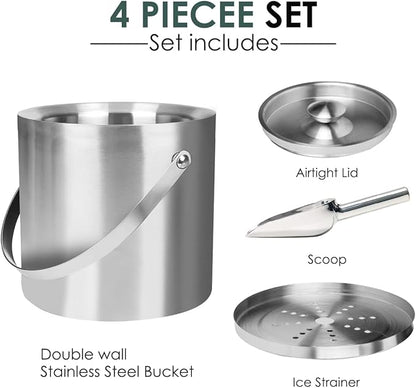 3L Double-Wall Insulated Stainless Steel Ice Bucket with scoop for Cocktail Bar - Metal Ice Bucket for freezer with Lid for parties, Camping,and More!champagne bucket,bar cart accessories (silver)