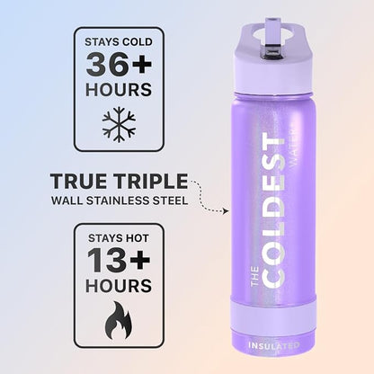 Coldest Sports Water Bottle with Straw Lid Vacuum Insulated Stainless Steel Metal Thermos Bottles Reusable Leak Proof Flask for Sports Gym (18 oz, Saturn's Moon Purple Glitter)