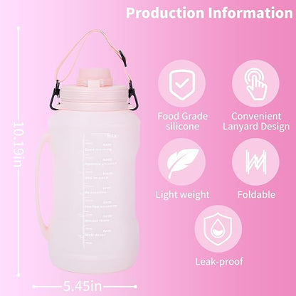 Collapsible 64oz Water Bottle with Handle & Straw - Spill-Proof Foldable Silicone Bottle for Men/Women (Pink, 2L)