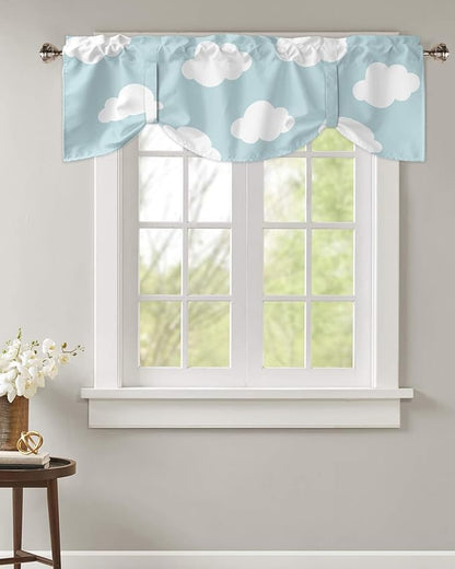 Kids Blackout Tie Up Valance Curtains for Kitchen Windows Blue White Cloud Cartoon Window Toppers Balloon Shades for Living Room/Bathroom/Bedroom,1 Panel,42" X 12"