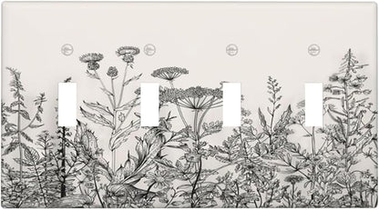 Vintage Grey Floral Herbs Wild Flowers Botanical Quad Toggle Boho Light Switch Covers Decorative Country Unique 4 Gang Wall Plate Electrical Faceplate Switchplate for Bedroom Decor