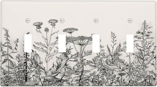 Vintage Grey Floral Herbs Wild Flowers Botanical Quad Toggle Boho Light Switch Covers Decorative Country Unique 4 Gang Wall Plate Electrical Faceplate Switchplate for Bedroom Decor