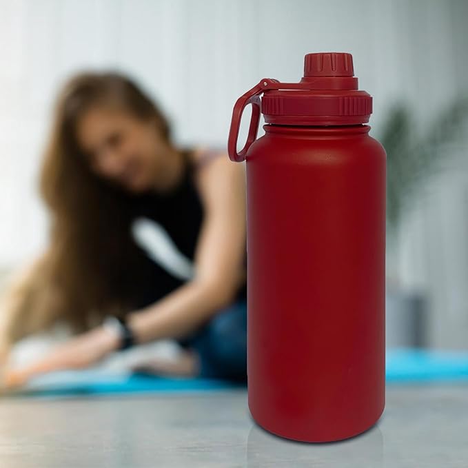 32oz Insulated Water Bottle ，Stainless Steel Sports Water Cup Flask with 2 Lids, Wide Mouth Travel Thermal Mug,Outdoor Sports Bottle（Deep red）