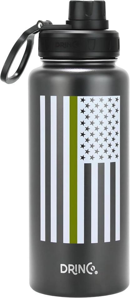 DRINCO Stainless Steel Water Bottle Spout Lid Vacuum Insulated Double Wall Water Bottle USA Flag Military Veteran (32oz Thin Green Black, 32oz)
