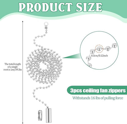 3 Pack Pull Chain String Extension Ceiling Fan Pull Chain Stainless Steel Switch Chain Extender wif Connector, for Ceiling Fan Light Fixture Light Bulb,1 Meter Length(Silver)