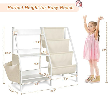 3-Tier Kids White bookshelf for Toy Storage and Display，Montessori Toddler bookcase Holds 100 Collection，Children Book Organizer Suitable for Toddler Baby Kid, Play Room,classroom,Nursery