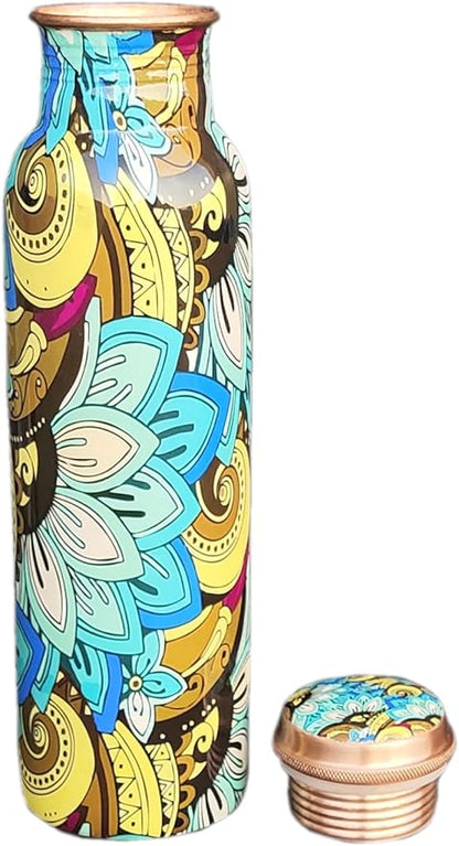 Copper Ayurveda Copper Water Bottle for Drinking – Travel Water Bottle for Gym, Yoga, Office, Hiking, Outdoor – with Lid (Yellw Pink floral) (Teal black floral)
