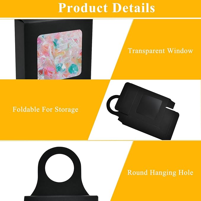 50 Pcs Wine Bottle Box with Window,Hanging Foldable Wine Boxes for Gifts, Kraft Paper Empty Bottle Hanger Box with Thank You Stickers and Champagne Ribbon for Candy Chocolate Cookies(Black)