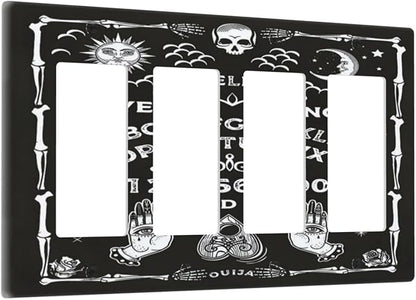 Black Witchy Skeleton Skull Gothic Sun Moon 4 Gang Rocker Decora Novelty Light Switch Cover Decorative Unique Outlet Covers Wall Plate Electrical Faceplate Switchplate GFCI for Bedroom