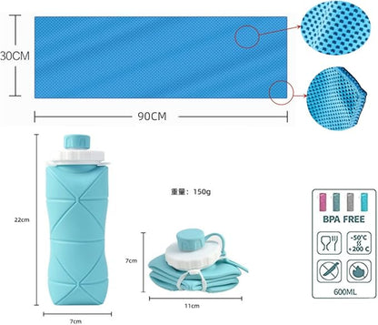 Gift for Father Day and Graduation, New Portable Silicone Collapsible Water bottle with Cooling Towel for Traveling and Outdoor Sports,600ml BPA Free Water Bottle,Summer Essentials (Green)