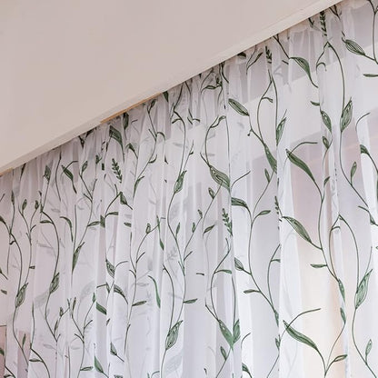 Windows Sheer Curtains Embroider Dark Green Leaf 95 Inches Length 2 Panels Voile Light Filtering Sheer Curtains Panel Basic Rod Pocket for Bedroom Living Room Children Room