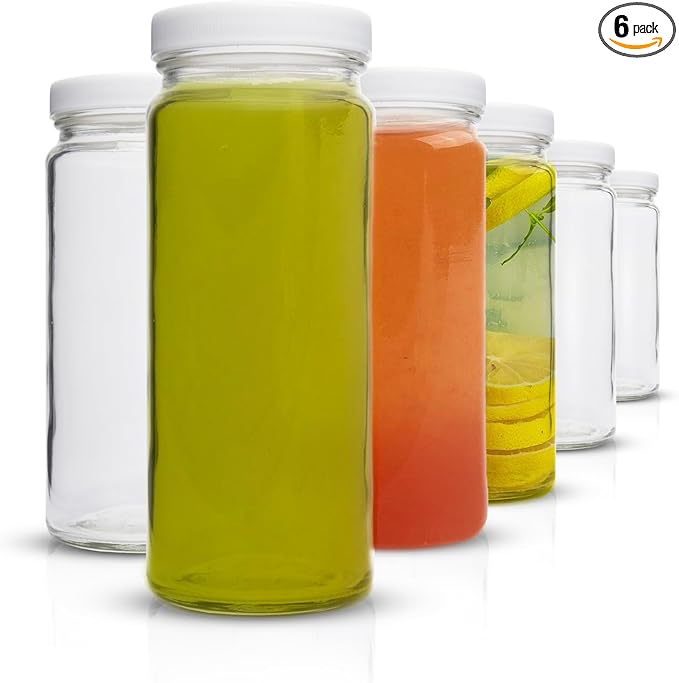 All About Juicing Clear Glass Water Bottles Set - 6 Pack Wide Mouth with Lids for Juice, Smoothies, Beverage Storage - 16 oz, Durable, Reusable, Dishwasher Safe, Leak Proof (White Caps)