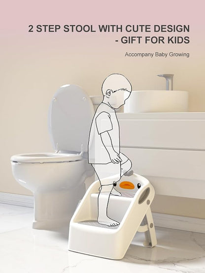 Toddler Step Stool, White & Grey, Foldable 2 Step Stool for Kids Bathroom Sink Potty Toilet, to Give Stepping Stool for Todders 1-3 More Independence, Easy to Use & Carry & Wash
