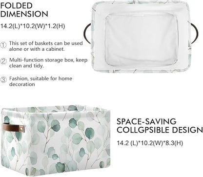 Wamika Leaves Flowers Storage Basket, Green and White Boho Botanical Foldable Storage Bins, 16x12x8 Inches, Durable Canvas Material, Easy to Clean, Collapsible for Space-Saving Storage