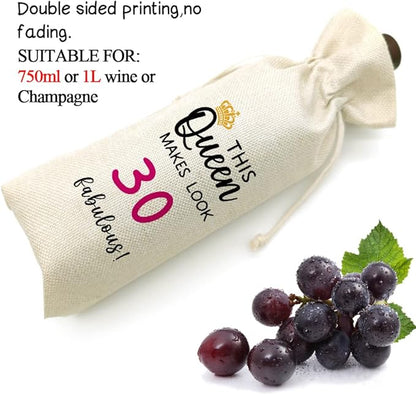 30th Birthday Wine Bag, Presents for 30st Birthday Girl, 30 Years Old Gift Idea Wine Bag for Her Girl Friend, Sister, Birthday Party Decorations, Linen Drawstring Wine Bags (30th Birthday)