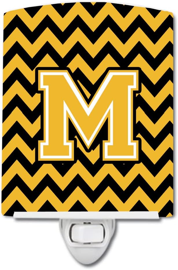Caroline's Treasures CJ1053-MCNL Letter M Chevron Black and Gold Ceramic Night Light Compact, UL-Certified, Ideal for Bedroom, Bathroom, Nursery, Hallway, Kitchen, 6x4x3, Multicolor