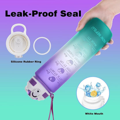 Prometheuz 32oz Water Bottle with Straw, Motivational Water Bottle with Time Marker, Water Bottles Leakproof & BPA-Free for Sports, Work and Fitness Purple Mint