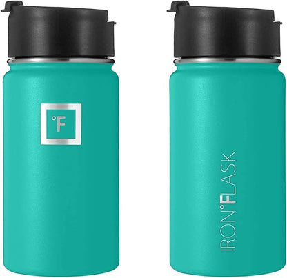 IRON °FLASK Sports Water Bottle - Wide Mouth with 3 Spout Lids - Stainless Steel Gym & Outdoor Bottles for Men, Women & Kids - Double Walled, Insulated Thermos, Metal Canteen - Aquamarine, 14 Oz
