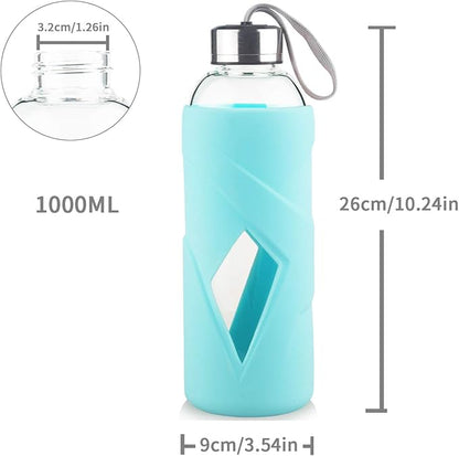 32 oz Borosilicate Glass Water Bottle BPA Free Reusable Glass Drinking Bottle with Silicone Sleeve and Stainless steel Lid