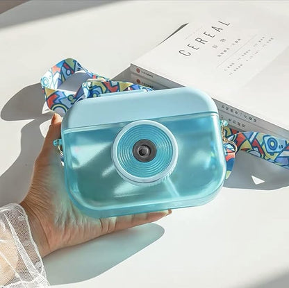 Blue Camera Bottle Travel Cup with Straw Birthday Party Gift Ice Drinking Water Bottle Mug with Strap Picnic (camera blue, 400 ml)