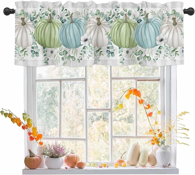 Fall Thanksgiving Kitchen Curtains Valances for Windows Autumn Pumpkins Eucalyptus Leaves Rod Pocket Window Treatment for Kitchen /Living Room/Bedroom/ Bathroom, 42" X 12", White Blue Green Gray Plaid