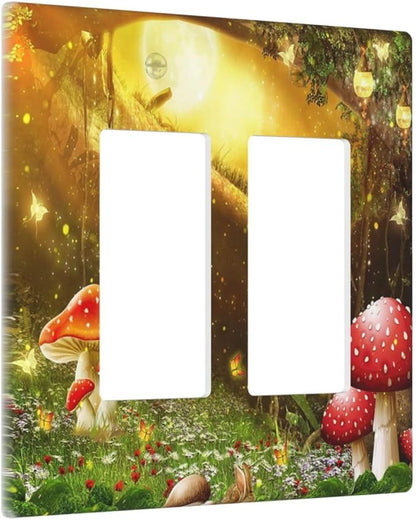 Red Mushroom Forest Fairy Moon Butterfly 2 Gang Rocker Decora Bohemian Light Switch Covers Decorative Dual Outlet Covers Wall Plate Electrical Faceplate Switchplate GFCI for Kidroom Nursery