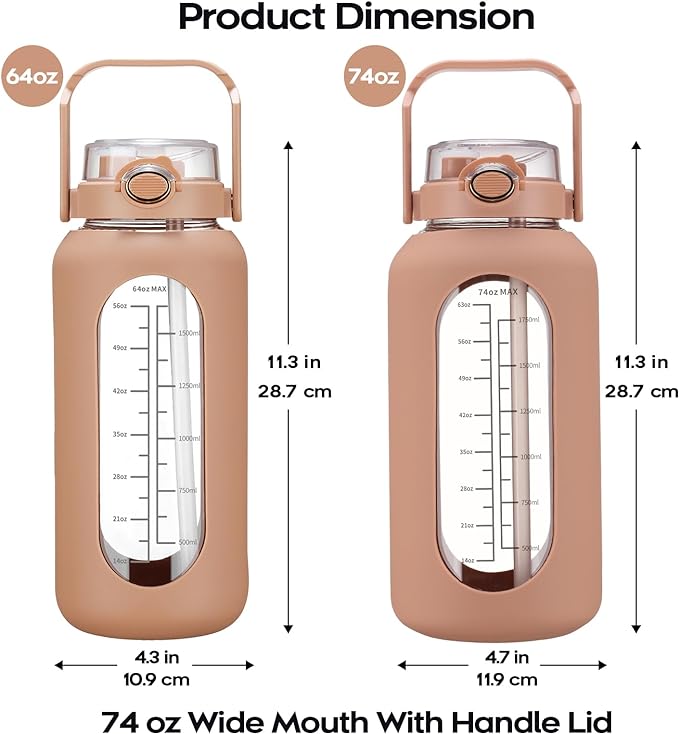 74 oz Glass Water Bolttles with Straw Large Motivational Water Bottle with Time Marker Sports Water Bottles with Silicone Sleeve and Handle Lid 2.2L Water Jug for Gym Workout