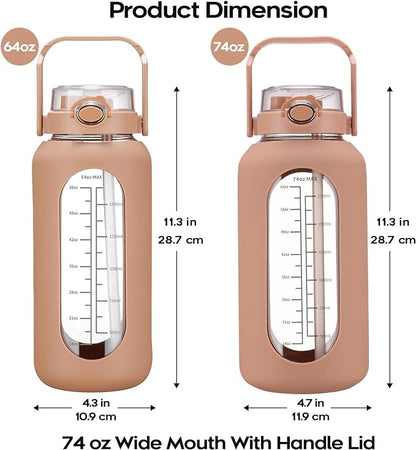 74 oz Glass Water Bolttles with Straw Large Motivational Water Bottle with Time Marker Sports Water Bottles with Silicone Sleeve and Handle Lid 2.2L Water Jug for Gym Workout