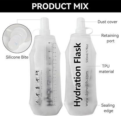 Premium Collapsible Water Bottle-500ml (17.6oz), Portable Soft Flask Water Bottle for Hydration Pack/Running Vest- Folding Water Bottle for Running, Hiking, Cycling (White 500ml)