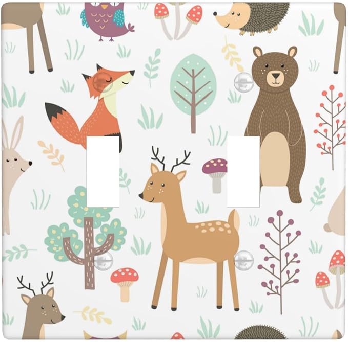 Cartoon Animal Deer Bear Fox Light Switch Cover Decorative Double Toggle Plastic Wall Plate Outlet Cover for Women Girls Bedroom Kitchen Living Room Decor 4.5 * 4.5