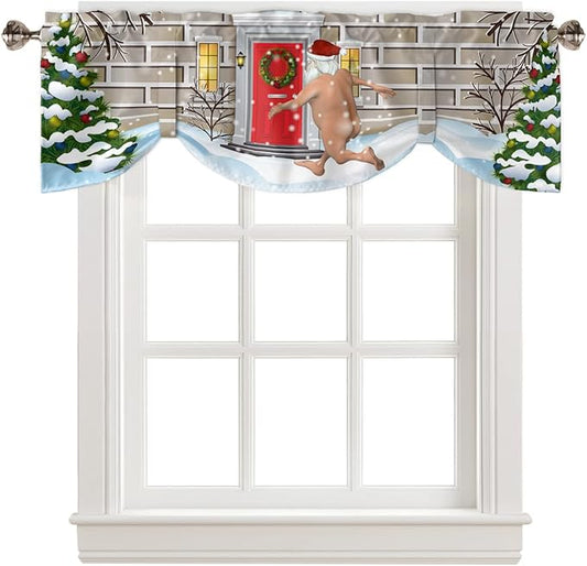 Christmas Farmhouse Blackout Tie Up Valance Curtains for Kitchen Windows Funny Santa Claus Window Toppers Balloon Shades for Living Room/Bathroom/Bedroom,1 Panel,54" X 18" Holly Xmas Tree