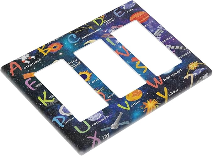 ABC Outer Space 3 Gang Rocker Light Switch Plate Alphabet Galaxy Educational Triple Decora Outlet Wall Plate Cover Faceplate Decorative Switchcovers GFCI for Kidroom Nursery Living Room Boyroom Decor