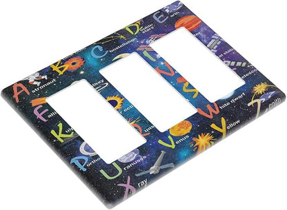 ABC Outer Space 3 Gang Rocker Light Switch Plate Alphabet Galaxy Educational Triple Decora Outlet Wall Plate Cover Faceplate Decorative Switchcovers GFCI for Kidroom Nursery Living Room Boyroom Decor