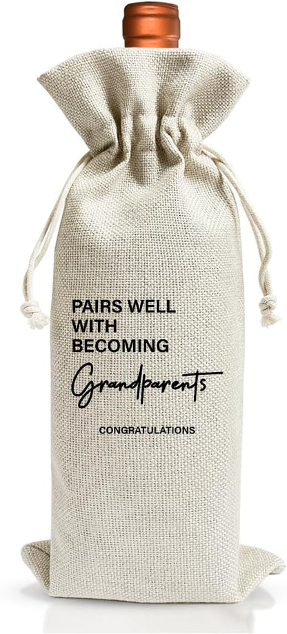 Grandparents Gift Wine Bag, Baby Announcement Wine Gift Bags Gift For New Grandpa Grandma, Grandparents Aunt Uncle, Baby Announcement Cotton Burlap Wine Bag