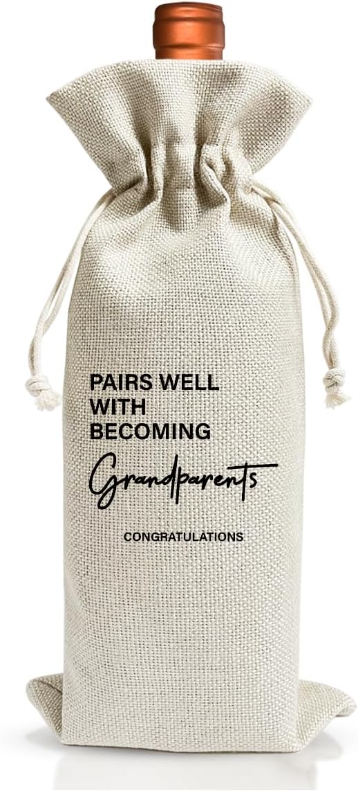 Grandparents Gift Wine Bag, Baby Announcement Wine Gift Bags Gift For New Grandpa Grandma, Grandparents Aunt Uncle, Baby Announcement Cotton Burlap Wine Bag