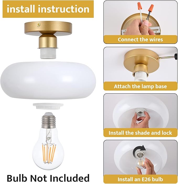 Mid-Century Modern Gold Semi Flush Mount Ceiling Light, Kitchen Ceiling Light Fixture with Glass Shade, Vintage White Close to Ceiling Lamp for Entryway Hallway Bathroom (8.66 Inch)