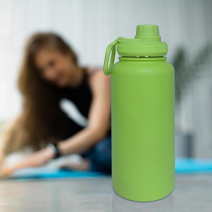 32oz Insulated Water Bottle ，Stainless Steel Sports Water Cup Flask with 2 Lids, Wide Mouth Travel Thermal Mug,Outdoor Sports Bottle（Lemon Green）
